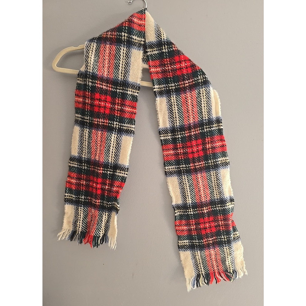 Vintage Alexanders Beige Red Plaid Wool Fringe Neck Warmer Scarf Womans Size 60"